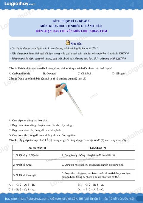 Đề thi học kì 1 KHTN 6 - Cánh diều - Đề số 9